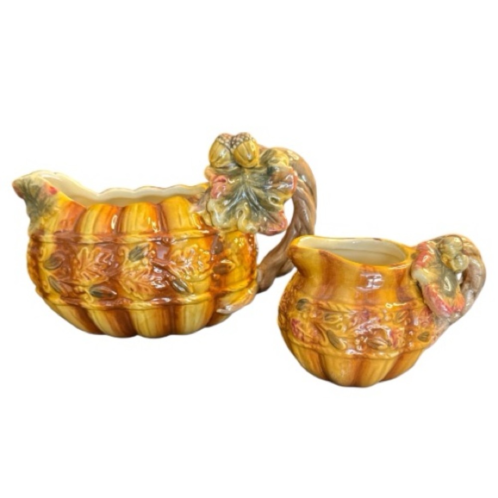 Majolica Golden Tones Autumn Thanksgiving Pitcher Set of 2